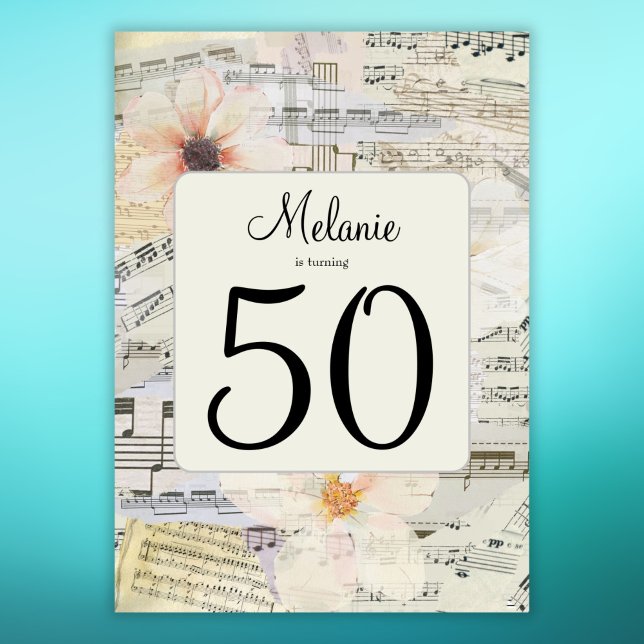 Elegant 50th Birthday Vintage Music Floral  Invitation (Creator Uploaded)