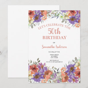 Elegant 50th Birthday Watercolor Floral Invitation