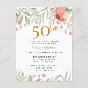 Elegant 50th Birthday Watercolor Roses Party Invitation Postcard