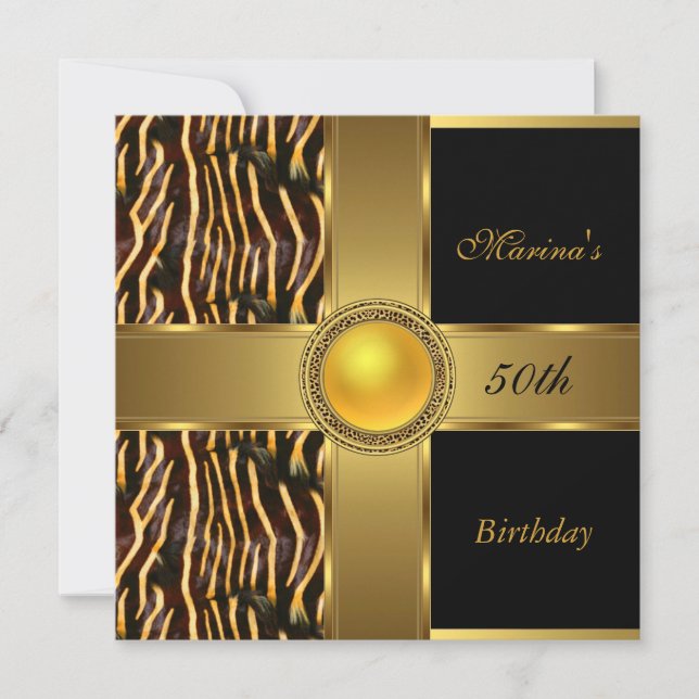 Elegant 50th Birthday Wild Black Gold Jewel Invitation (Front)