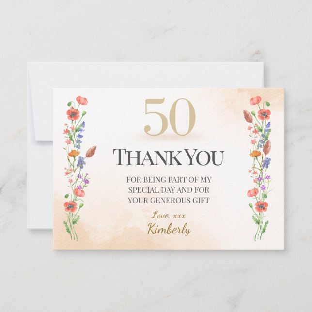 Elegant 50th Birthday – Wildflower Design Thank You Card (Front)