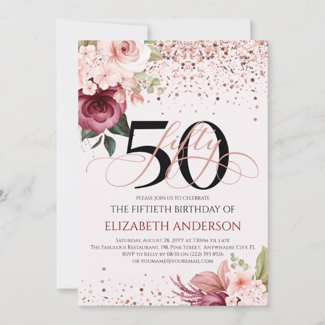 Elegant 50th floral birthday invitation (Front)