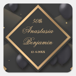 Elegant 50th Gold Black Happy Birthday Modern Square Sticker