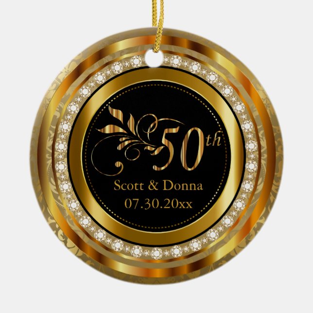 Elegant 50th Golden Diamond Anniversary Ceramic Tree Decoration (Front)