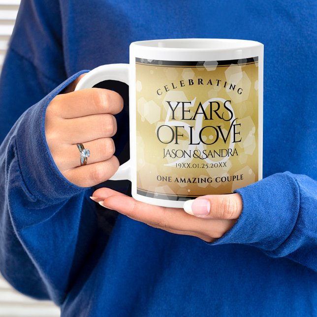 Elegant 50th Golden Wedding Anniversary Large Coffee Mug (50th wedding anniversary jumbo mug held by woman sporting a wedding ring and blue sweatshirt. )