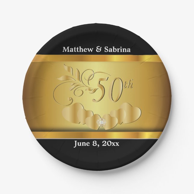 Elegant 50th Golden Wedding Anniversary Paper Plate (Front)