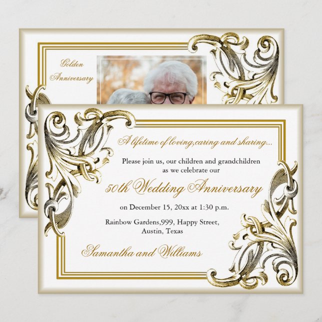 Elegant 50th Golden Wedding Anniversary Photo  Invitation (Front/Back)