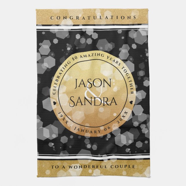 Elegant 50th Golden Wedding Anniversary Tea Towel (Vertical)