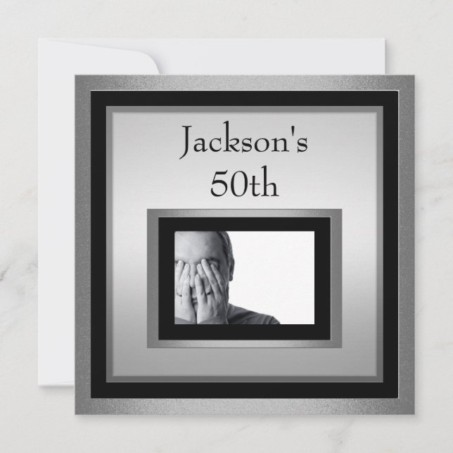 Elegant 50th Male Birthday Silver Black Photo Invitation (Front)