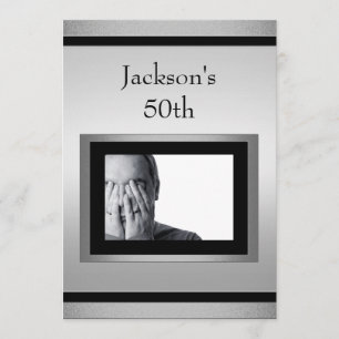 Elegant 50th Male Birthday Silver Black Photo Invitation