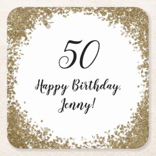 Elegant 50th Milestone Birthday Party Black Gold Square Paper Coaster