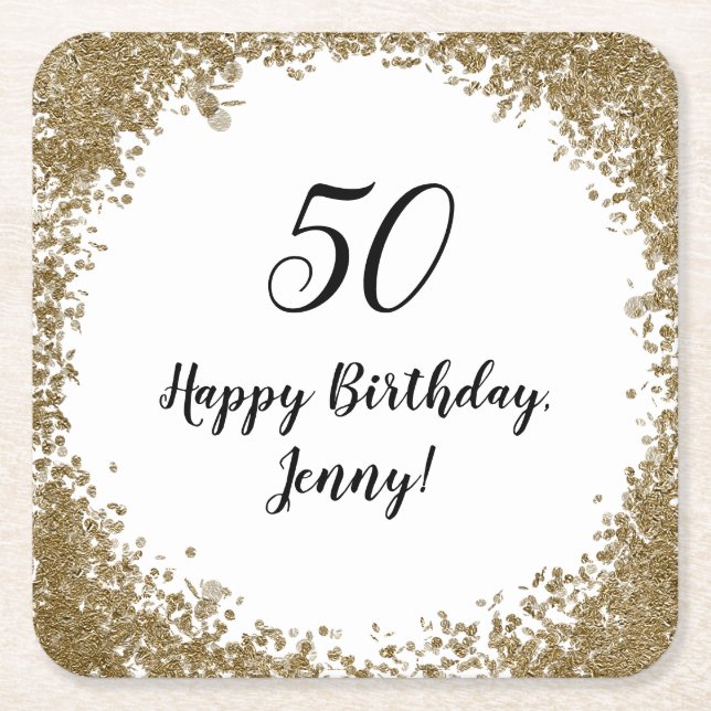 Elegant 50th Milestone Birthday Party Black Gold Square Paper Coaster (Front)
