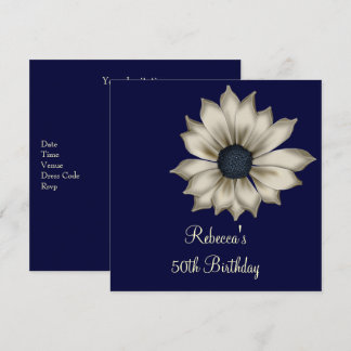 Elegant 50th Navy Blue Beige Flower Birthday Party Invitation