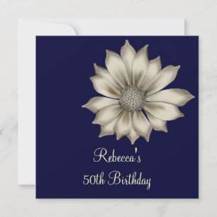 Elegant 50th Navy Blue Beige Flower Birthday Party Invitation