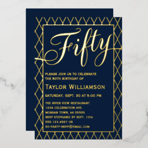 Elegant 50th Navy Blue Gold Foil Fifty Birthday