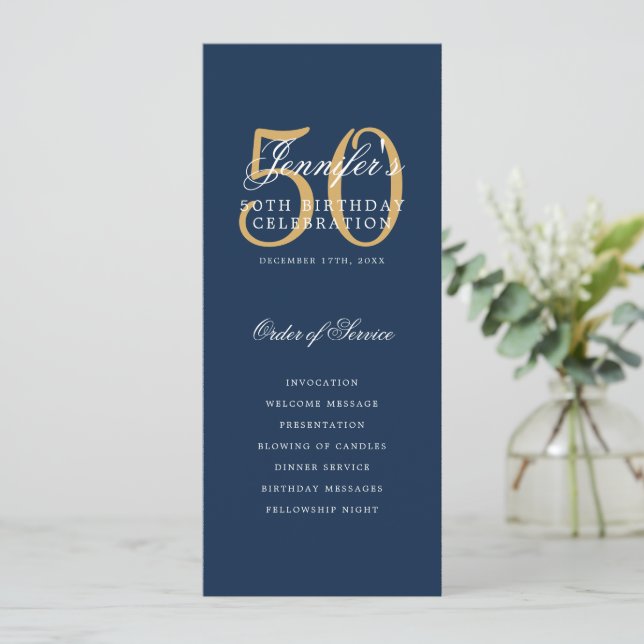 Elegant 50th Program Gold Navy Blue Menu+Thank You Invitation (Standing Front)