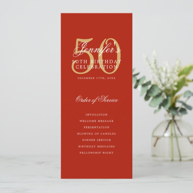 Elegant 50th Program Gold Red Menu+Thank You Invitation (Standing Front)