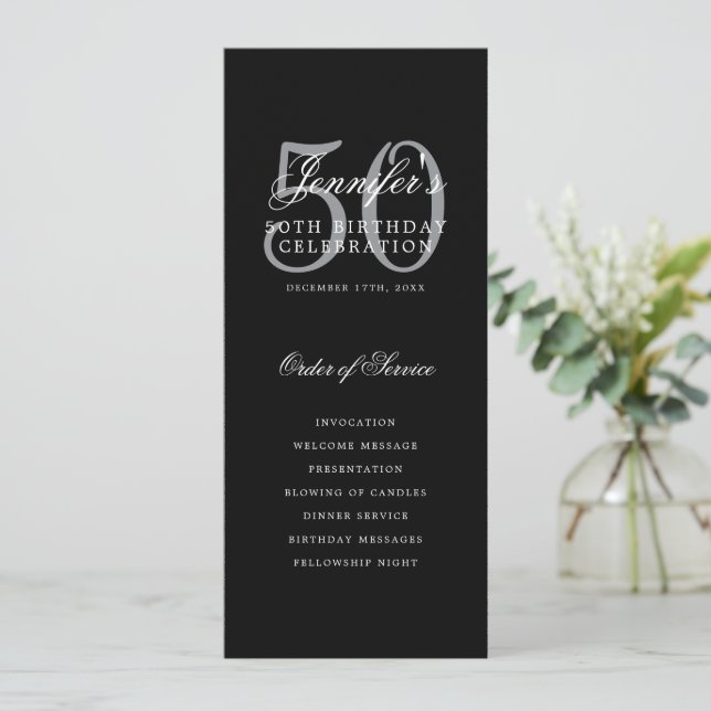 Elegant 50th Program Silver Black Menu+Thank You Invitation (Standing Front)