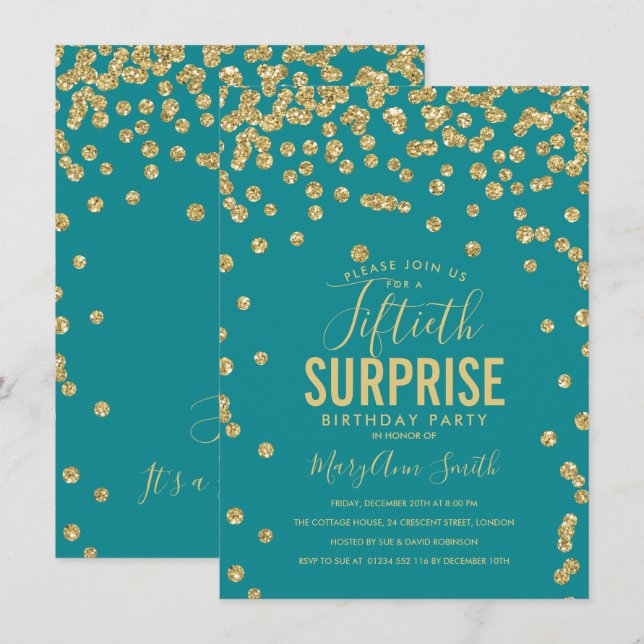 Elegant 50th Surprise Birthday Gold Teal Invitation (Front/Back)
