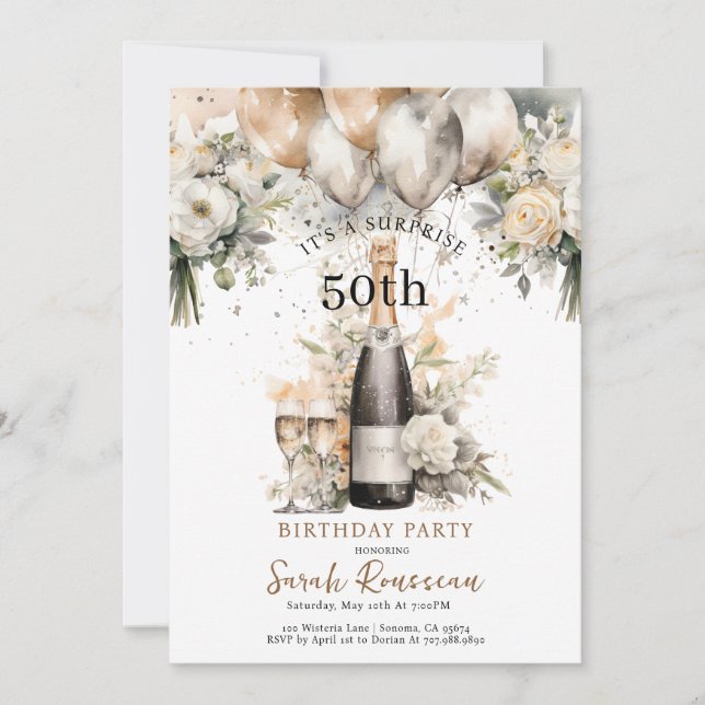 Elegant 50th Surprise Birthday Party | Champagne  Invitation (Front)
