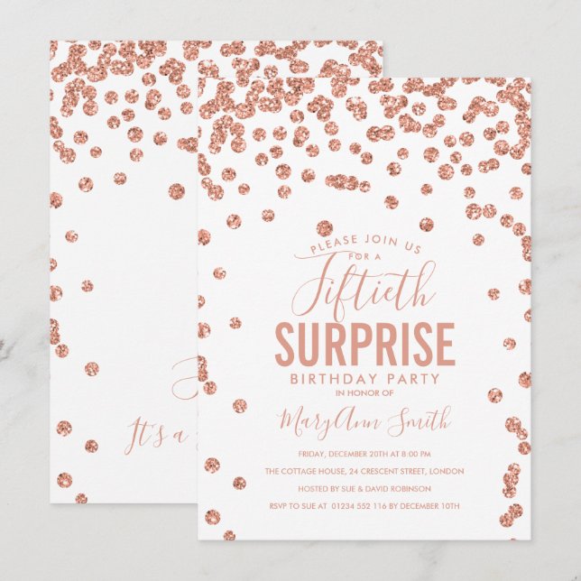 Elegant 50th Surprise Birthday Rose Gold Invitation (Front/Back)
