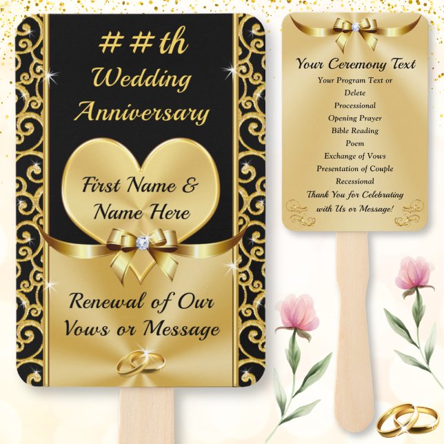 Elegant, 50th Wedding Anniversary Ceremony Program Hand Fan (Black and Gold Programs. Wedding anniversary program or anniversary party favors. Golden anniversary)