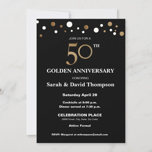 Elegant 50th Wedding Anniversary Gold and black Invitation (Front)