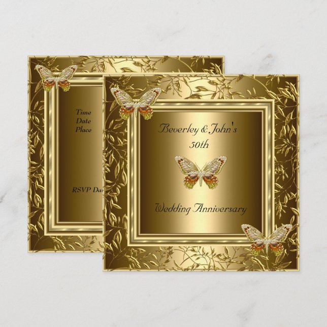 Elegant 50th Wedding Anniversary Gold Butterfly Invitation (Front/Back)