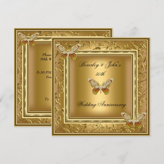 Elegant 50th Wedding Anniversary Gold Damask Invitation (Front/Back)