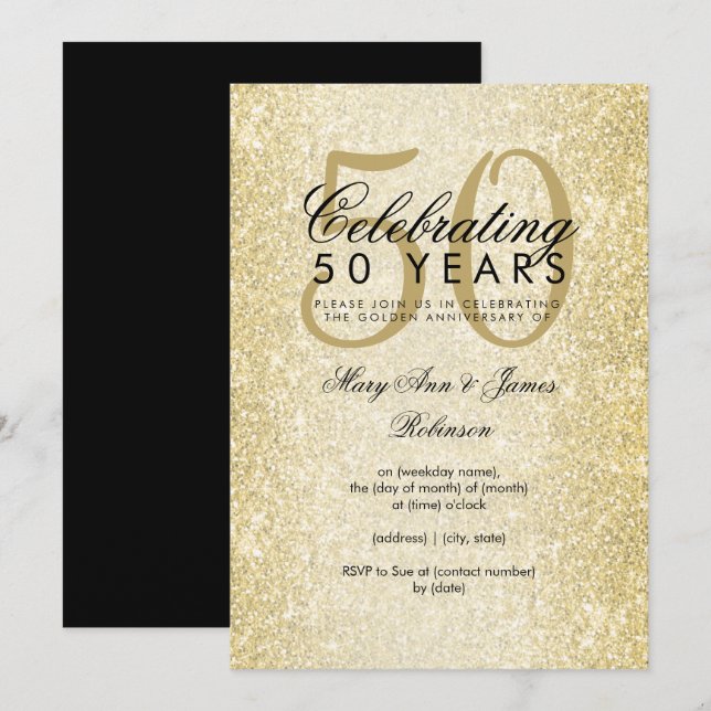 Elegant 50th Wedding Anniversary Gold Glitter Invitation (Front/Back)