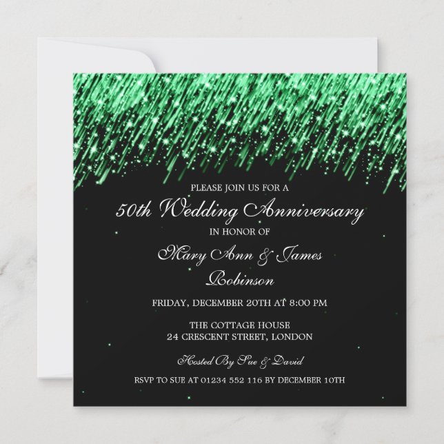 Elegant 50th Wedding Anniversary Green Stars Invitation (Front)