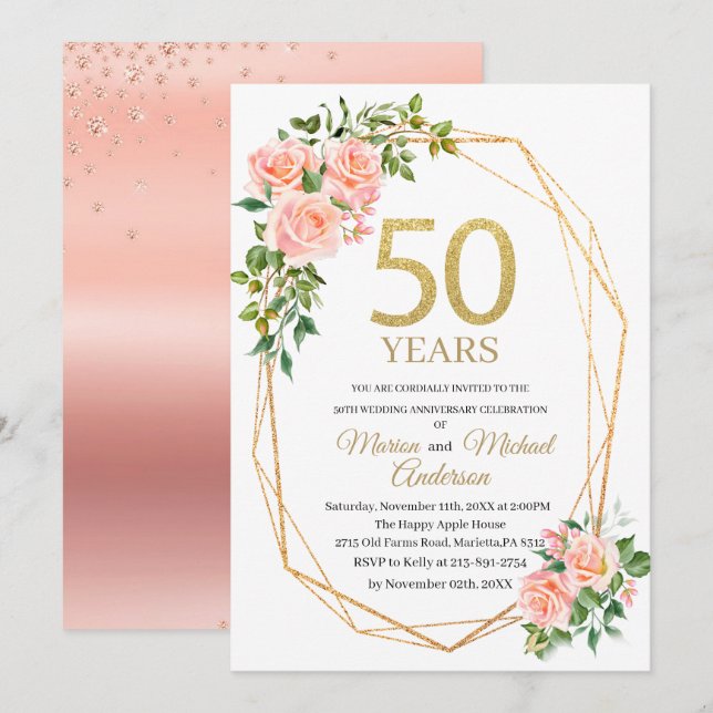 Elegant 50th  Wedding Anniversary Watercolor Glitt Invitation (Front/Back)