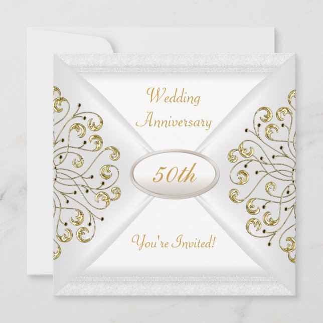 Elegant 50th Wedding Anniversary White Gold Invitation (Front)