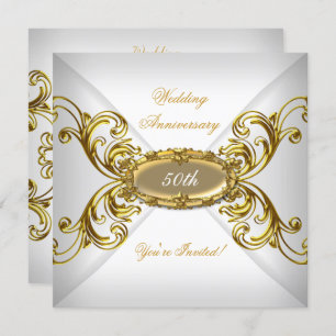 Elegant  50th Wedding Anniversary White Gold Invitation