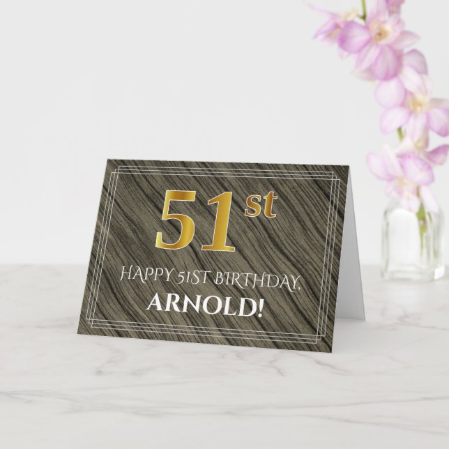 Elegant 51st Birthday: Faux Wood, Faux Gold Look Card (Orchid)