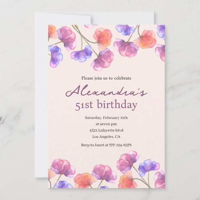 Elegant 51st birthday invitations Boho Floral Chic (Front)