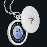 Elegant 51st Sapphire Wedding Anniversary Locket Necklace<br><div class="desc">Celebrate the 51st sapphire wedding anniversary in style with this commemorative locket! Elegant black and white lettering with hexagonal confetti on a sapphire blue background add a memorable touch for this special occasion and extraordinary milestone. Customise with the happy couple's names, and add dates for their sapphire anniversary. Design ©...</div>