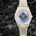 Elegant 51st Sapphire Wedding Anniversary Watch<br><div class="desc">Celebrate the 51st sapphire wedding anniversary and a love that stands the test of time with this stylish watch! Elegant black and white lettering with hexagonal confetti on a sapphire blue background add a memorable touch for this special occasion and extraordinary milestone. Personalise with the couple's names and dates of...</div>