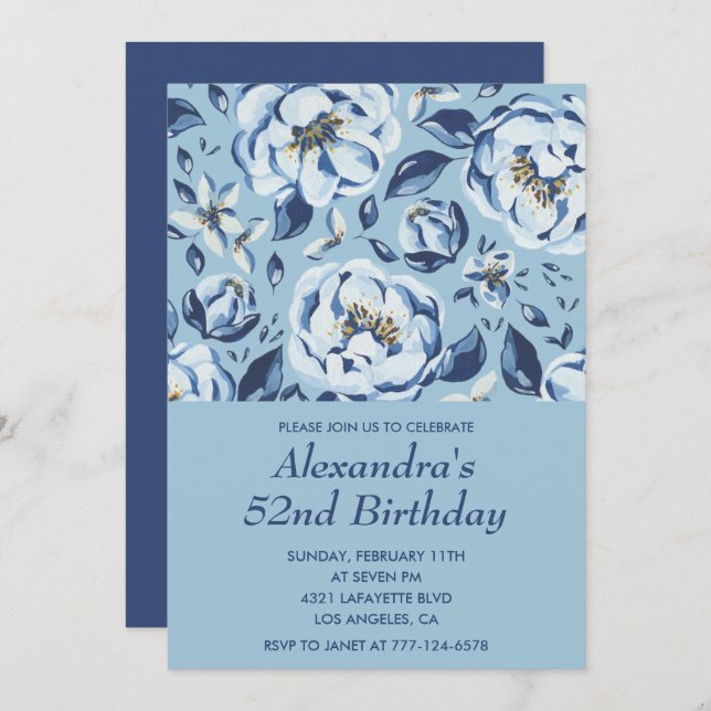 Elegant 52nd birthday invitations Floral Blue (Front/Back)