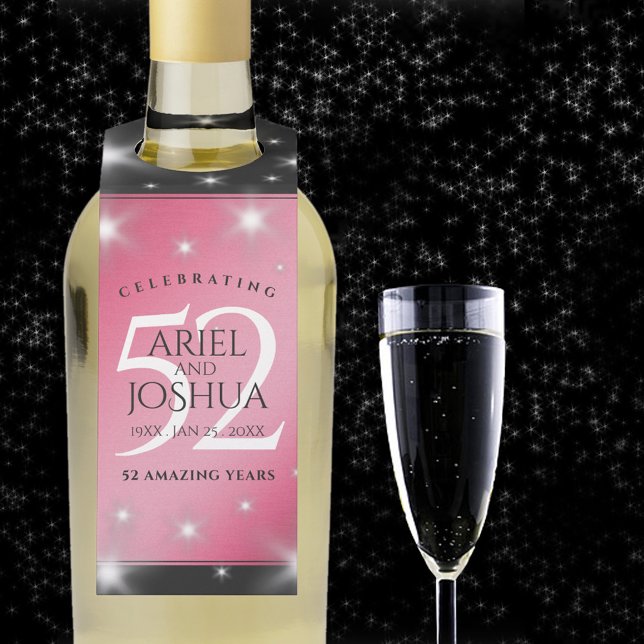 Elegant 52nd Star Ruby Wedding Anniversary Bottle Tag (52nd wedding anniversary bottle hanger with champagne flute on a starry night sky.)