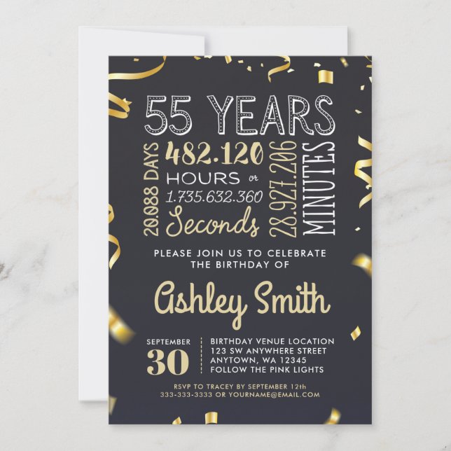 Elegant 55th Birthday Invitation Gold Glitter (Front)