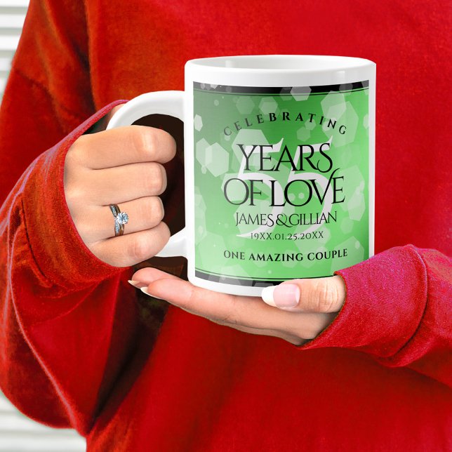 Elegant 55th Emerald Wedding Anniversary Large Coffee Mug (55th wedding anniversary jumbo mug held by woman sporting a wedding ring and red sweatshirt.)