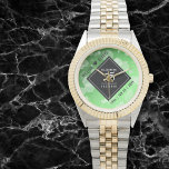 Elegant 55th Emerald Wedding Anniversary Watch<br><div class="desc">Celebrate the 55th emerald wedding anniversary and a love that stands the test of time with this stylish watch! Elegant black and white lettering with hexagonal confetti on an emerald green background add a memorable touch for this special occasion and extraordinary milestone. Personalise with the couple's names and dates of...</div>