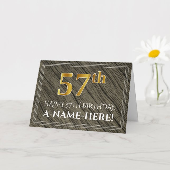 Elegant 57th Birthday: Faux Wood, Faux Gold Look Card (Small Plant)