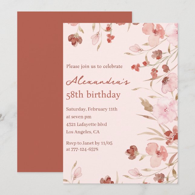 Elegant 58th birthday invitations Floral Chic (Front/Back)