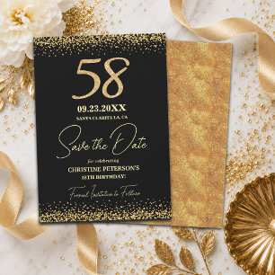 Elegant 58th Black Gold Glitter Birthday Save The Date