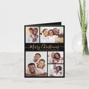Elegant 5 Photo Collage Black Gold Christmas Holiday Card
