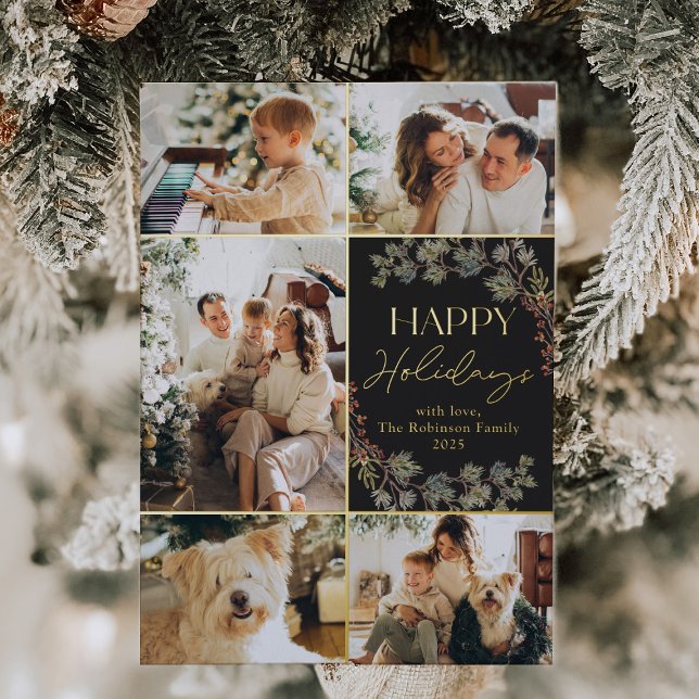 Elegant 5 Photo Collage Family Holiday Card (Creator Uploaded)
