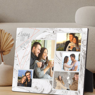 Elegant 5 Photo Collage Loving Life - Grey Marble Plaque