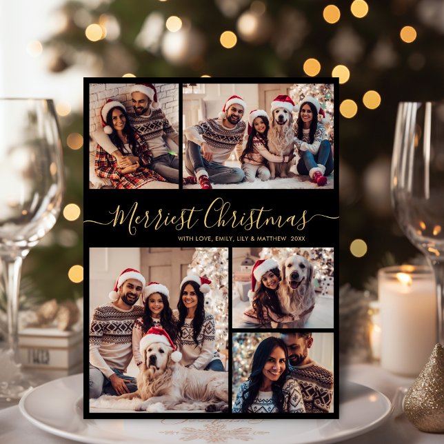 Elegant 5 Photo Collage Merriest Christmas  Holiday Card (Creator Uploaded)